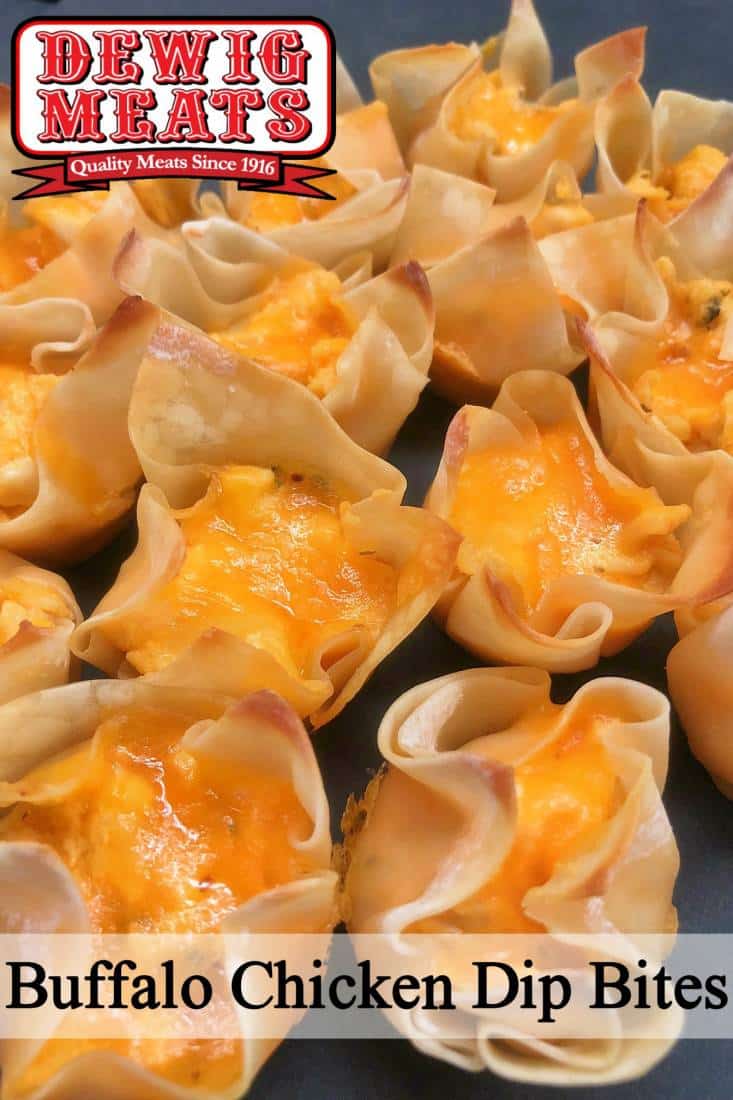 BUFFALO CHICKEN DIP BITES from Dewig Meats. These Buffalo Chicken Dip Bites are spicy, cheesy and totally addicting! They are the perfect appetizers for any get-together or game day party!